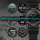 Rendered black rugged smartwatch showing 10:09, "PRIDE," "SPORT WATCH," "WATER RESIST" branding. Six graphic watch faces display health stats. Overlay: "Amplio campo de visión y Diseño renovado.".