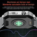 Graphic of G106 smartwatch's dark grey back with silver accents and light grey strap. Green glowing health sensors emphasize "Monitoreo en tiempo real. Mantente saludable." for advanced health tracking.