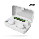 White F9 wireless earbuds in open power bank charging case, displaying 100% battery on green digital LED. Smooth, sleek plastic design with blue earbud accents & "OPEN" text. Graphic image.