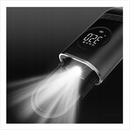 Sleek black portable air inflator with a bright LED light shining a wide beam. Features a digital display showing "02.0 PSI" and mode/adjust buttons. Silver trim, dark background. Modern design, likely a graphic.