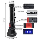 Black ABS rechargeable flashlight diagram, 26cm tall, with wide base. Features non-slip design, wrist strap, red button, charging port, water protection, and a blue LED charge indicator (25-100%).