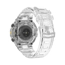 Rear view of DT5 smartwatch with transparent, ribbed plastic strap & silver buckle. Black sensor panel shows 'GPS', 'CE FC', 'MADE IN CHINA'. Modern design, studio photo.