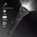 Black Linterna Recargable L-826, a sturdy flashlight with textured grip & red button, emitting a bright beam. Features shown: 3 light modes, 500LM, 2000mAh battery, 300M range, 20 hrs runtime.