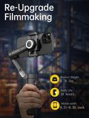 Black Estabilizador Smart XE gimbal with 'n' logo, holding a smartphone, held by a hand. Features "Re-Upgrade Filmmaking", 0.78lbs, 10hr battery, 0.21-0.35in mobile width. Graphic design.