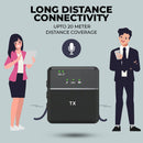 Black SX31 wireless microphone transmitter (TX) with a glossy top and green indicator lights. Graphic highlights its 20-meter long-distance connectivity for users.