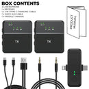 Dual SX31 wireless microphone kit contents graphic: two black TX microphones, a receiver, Type-C charging cable, 3.5mm AUX cable, and a product manual. Devices show green LEDs.