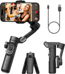 Matte black AOCHUAN smartphone gimbal stabilizer kit with phone, detachable tripod, USB-C cable, and folded view. Ideal for professional quality video.