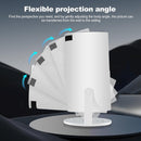White cylindrical Mini Proyector HY300, on a stand, graphically displays its "Flexible projection angle" feature. Ghosted images & blue arrows show the device tilting for wall-to-ceiling projection. Graphic design.