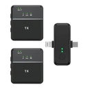 Black SX31 dual wireless microphone system: two 'TX' transmitters with green status lights & one receiver with Lightning/USB-C ports, also with green lights. Smooth plastic graphic on white.