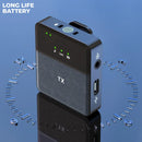 Compact black/dark gray SX31 wireless mic transmitter (TX) unit with textured body, green LEDs, mic input, USB-C, and clip. Displays 'TX' and 'LONG LIFE BATTERY' with a 12-hour graphic. 3D render.