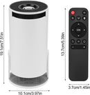 White cylindrical HY300 mini projector with a black top and lens, shown with its black remote control. Displays dimensions and CE RoHS mark. Product render with graphic overlays.