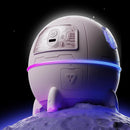 White spaceship humidifier, a 3D graphic, features a glowing purple/blue LED ring & clear control panel with power/mist icons. It has three fins and a '7' logo, resting on a textured moon surface under a starry, dark sky. Modern 3-in-1 design.