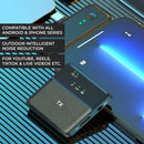 Dark grey, textured wireless mic transmitter (TX) with receiver plugged into a smartphone. Displays green lights & icons. Compatible with Android/iPhone, noise reduction for YouTube/TikTok videos. Graphic render.