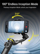 Black AOCHUAN Estabilizador Smart XE gimbal holding a phone, featuring "180° Endless Inception Mode." Yellow arrows highlight 310°, 345°, 337° rotation angles for professional videos. Graphic design with matte finish and control buttons.