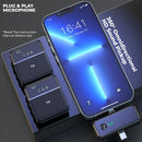 Graphic render of two black wireless "TX" microphones with status lights and a receiver connected to a smartphone. Overlays state "PLUG & PLAY MICROPHONE" and "360° Omnidirectional HD Sound Pickup." Features a sleek, modern design.