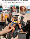Hand holding a black AOCHUAN Smart XE gimbal stabilizer with a smartphone displaying video footage of a woman with a guitar. On-screen controls and features like Dolly Zoom, Panorama, and Inception are highlighted. Real image with blurred music studio background and "Smart AI App" text.