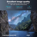 Graphic comparing projector image quality. Left: dull night landscape (Other Brands). Right: vibrant, high-contrast starry night, mountains, lake (HY300). Shows 'Excellent image quality' with 120 Ansi, 1280x720P native resolution, 4K decoding.