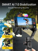 Black Estabilizador Smart XE gimbal holding a smartphone with a colorful LED light. The screen shows a sharp video of a person jumping. Overlay text "SMART AI 7.0 Stabilization" & "Smooth Filmmaking like a Pro". Insets compare blurry "Before" to clear "After" stabilization. Graphic design.