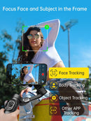 Black gimbal stabilizer holds a phone, actively tracking a woman in a white top outdoors. Text: "Focus Face and Subject in the Frame." Graphics show Face, Body, Object, & Other APP Tracking capabilities.