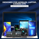 Dual SX31 wireless microphone system (two black TX transmitters, one receiver with green LEDs) on a laptop, shown compatible with multiple mobiles, a tablet, & DSLR camera. Text: "DESIGNED FOR MOBILES, LAPTOP, CAMERA ETC". Composite image.