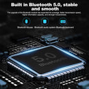 Graphic render of a dark circuit board featuring a central chip glowing blue with "5.0 Bluetooth." Text above reads "Built in Bluetooth 5.0, stable and smooth," with icons for Bluetooth mouse, audio system, and keyboard compatibility.