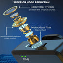 Graphic shows black wireless mic's exploded noise reduction system. Gold metal dust & noise filters, sound diaphragm. Text highlights 'SUPERIOR NOISE REDUCTION,' 'restore original sound,' 'block dust.' Green LEDs visible.