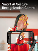 Estabilizador Smart XE: Black phone in a mount captures a hand with yellow outline & countdown '3', demonstrating Smart AI Gesture Recognition. Text: 'Smart AI Gesture Recognition Control'. Real image with graphic overlay.