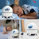 White Spaceship Explorer 3-in-1 humidifier & nightlight, shaped like a rocket with a clear dome, glowing astronaut, and blue accents, emitting mist by sleeping children. Real photo.