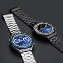 Two ZD5 smartwatches: silver with blue display & black with dark display. Both have metal link straps, rotating bezels with city codes, showing "SMART Watch.UI.Mate", steps, calories. Real product photo on dark background.