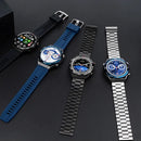 Four ZD5 smartwatches: black silicone with digital face, blue silicone with white dial, black metal with blue digital, silver metal with blue digital. Displays vary. Real product photo on dark. Elegance and Functions.