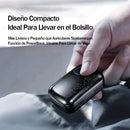 Black glossy Audífonos M10 Bluetooth power bank case held by hand. Blue digital display shows "Be Proud", battery icons, and "72%". Compact & portable design.