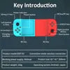Graphic diagram of BSP-D3 split Bluetooth gamepad. Cyan left handle with joystick, D-pad; red right handle with joystick, action buttons. Labels identify controls. Specs detail Android, iOS, Windows compatibility.
