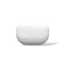 Glossy white Audífonos Mate 60 Pro earbud charging case, rounded pebble shape with curved lid seam & indicator light. Isolated on white. Real photo.