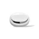 Glossy white Audífonos Mate 70 Pro wireless earbud charging case. Oval, sleek design with a curved silver metallic trim on the front and a small indicator dot. Modern product shot.