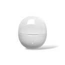 White spherical charging case for Audífonos Mate 90 Bluetooth earbuds. It features a glossy top, a matte bottom half with a subtle seam, and a small vertical indicator light, isolated on a white background.