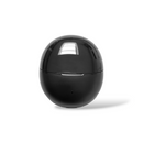 Sleek black spherical earbud charging case with a glossy top and matte bottom, showing a subtle lid seam and small indicator light. Real product photo on white background.