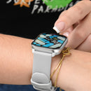 Close-up of a person wearing a silver-framed smartwatch (KT65 Pro style) with a light grey silicone band. The rectangular digital screen displays 08:21, WED 05. A finger interacts with the display. Real image.