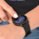 A person's hand touches a black SmartWatch ZL02 Pro on a wrist. The round digital screen shows 'Sleep' and 'Total Sleep' with data. It features a sleek black rubber strap, silver buttons, and is a real image showcasing health tracking.