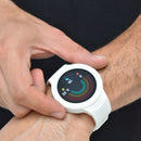 White Smartwatch NX18 on a wrist, displaying health data with colorful rings for steps, heart rate, and calories. Features a round black screen & smooth white silicone strap. Real photo.