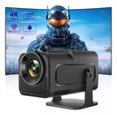 Magcubic HY320 projector, black, with lens and ribbed vents, on a stand. Projected image features "4K Suppot," "1080P Native," "WiFi6 BT5.0," and "Android 11.0," plus a futuristic soldier. Graphic design.