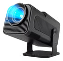 Sleek, matte black projector on an integrated stand, with a bright blue light emanating from its large lens. Ribbed vents visible on the front and sides. High-quality graphic render on a white background.