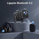 Black Magcubic HY320 projector with ribbed texture, lens, and stand. Features "Ligação Bluetooth 5.2" text, Bluetooth icons on headphones, earbuds, speaker. Dimensions 20x10cm shown. Stylized product graphic.
