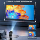 Black Magcubic HY320 projector on a dark table, projecting a vivid abstract image onto a wall. A graphic illustrates automatic keystone correction ±45°, showing perfect rectangular projection from an angled source.
