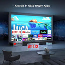 Compact dark gray Magcubic HY320 projector on a round table, casting a vibrant screen of Disney Pixar's "Luca" & Android 11 apps (Netflix, YouTube) in a dim, modern room. Floating app labels & "Android 11 OS & 10000+ Apps" text visible. Graphic design.