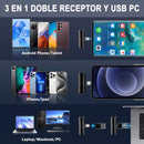 Black S18Pro wireless mic receiver & adapters graphic. Shows USB-C for Android, Lightning for iPhone/iPad, and USB-A for PC/Mac, highlighting its 3-in-1 dual receiver versatility. Text: "3 EN 1 DOBLE RECEPTOR".