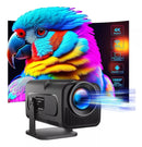 Black Magcubic HY320 Android 11 projector on stand, lens beaming light, with a vibrant parrot background. Features include 4K Support, WIFI6, Auto Keystone Correction, 1080P Native. Graphic design.