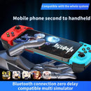 Black BSP-D3 mobile gamepad with red & cyan detachable sides, holding a phone displaying Genshin Impact. Features joysticks & buttons for Android/iOS gaming, transforming phones into handhelds. Digital graphic.