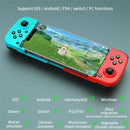 Vibrant red & blue BSP-D3 gamepad holding a smartphone displaying a game. Features dual analog sticks, D-pad, action buttons. Text indicates multi-platform support including Android, iOS, PS4, Switch, PC. A product photo with graphic overlays.