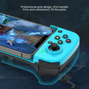 Light blue & black Gamepad BSP-D3 holding a phone playing a game. Features ergonomic grips, a black analog stick, multi-colored action buttons (A/B/X/Y style), and visible LT/LB shoulder triggers. A promotional graphic emphasizing professional grip.