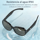 Black Gafas Sol Bluetooth F07 with dark lenses, sleek design, and water droplets on a blue background. Text highlights "Resistencia al agua IPX4" for outdoor/exercise use. Graphic design.